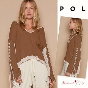 POL Lace-Up Sleeves Color Block Notched Neck Ribbed Knit Top | Milk Chocolate